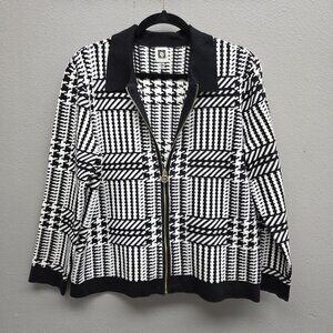 Anne Klein Cardigan Sweater Womens Large Black White Full Zip Geometric Knit